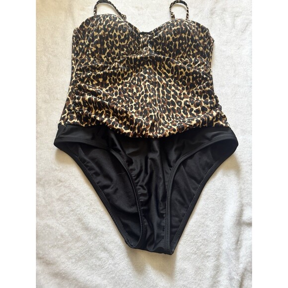 Jantzen  One- Piece Swimsuit Black & Leopard Print Size 14 - Picture 1 of 8